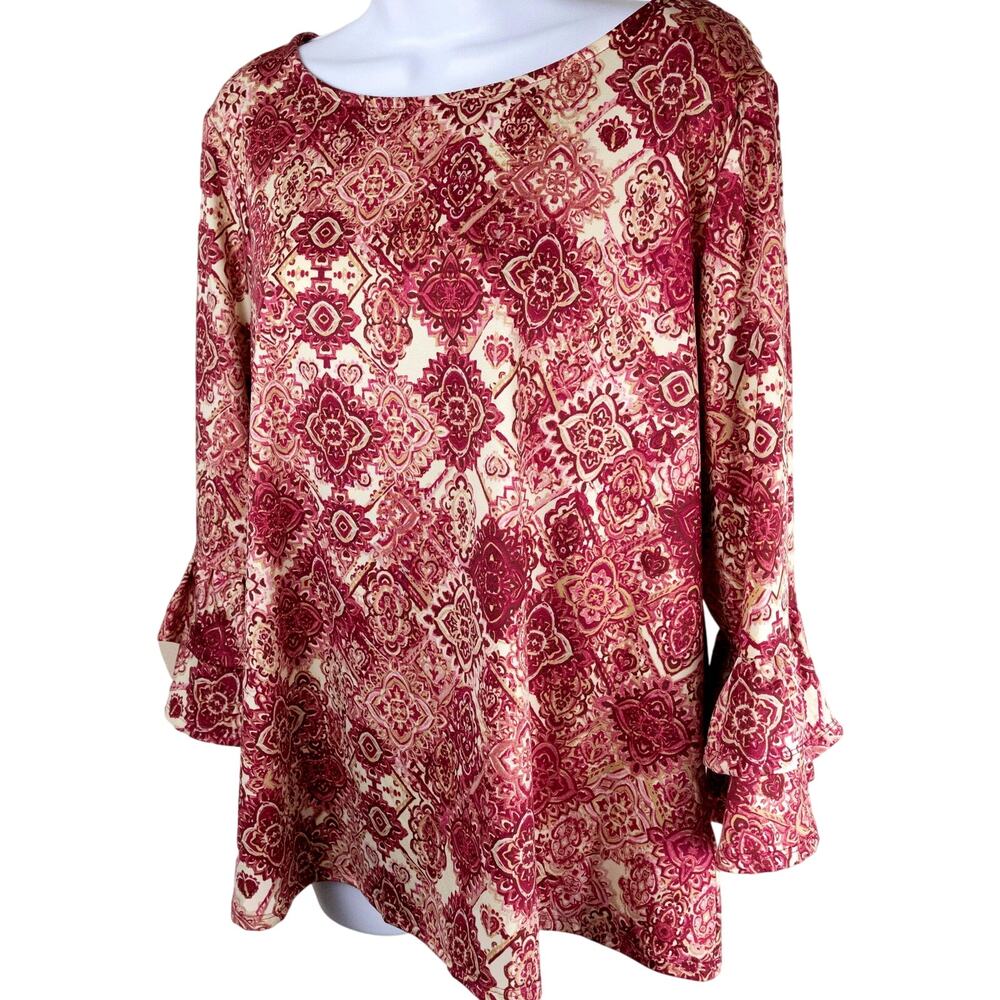 Valerie Stevens Pink Cream Boat Neck Top 3/4 Ruffle Sleeve Large